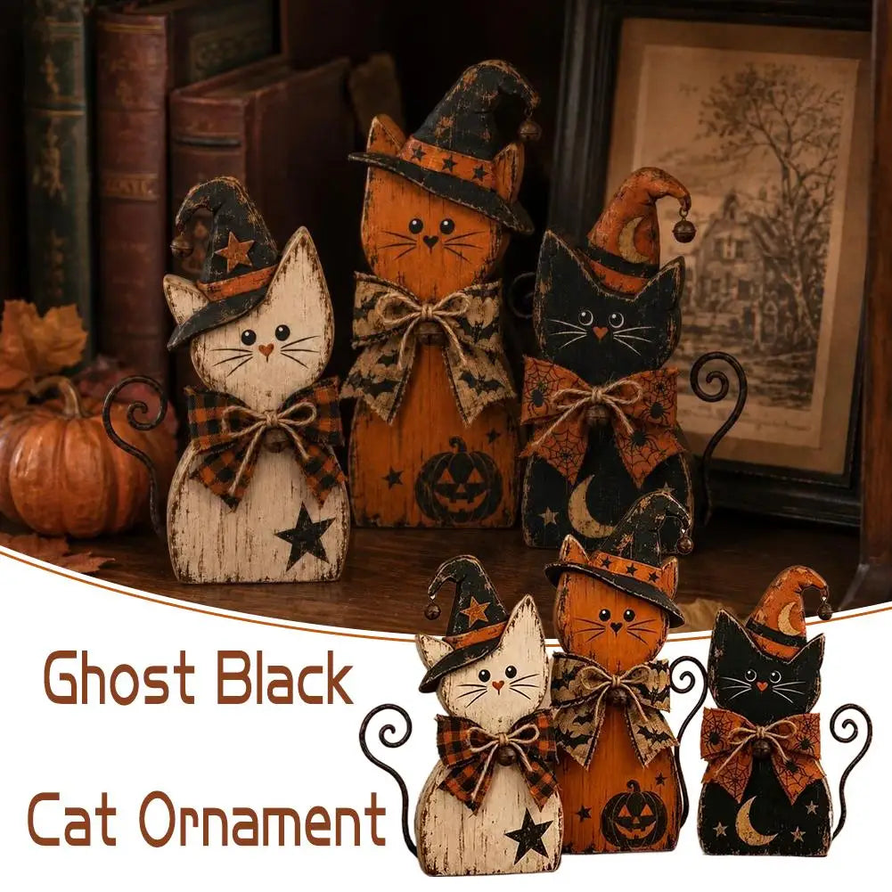 Halloween Wooden Cat Ornament Set, White, Orange and Black