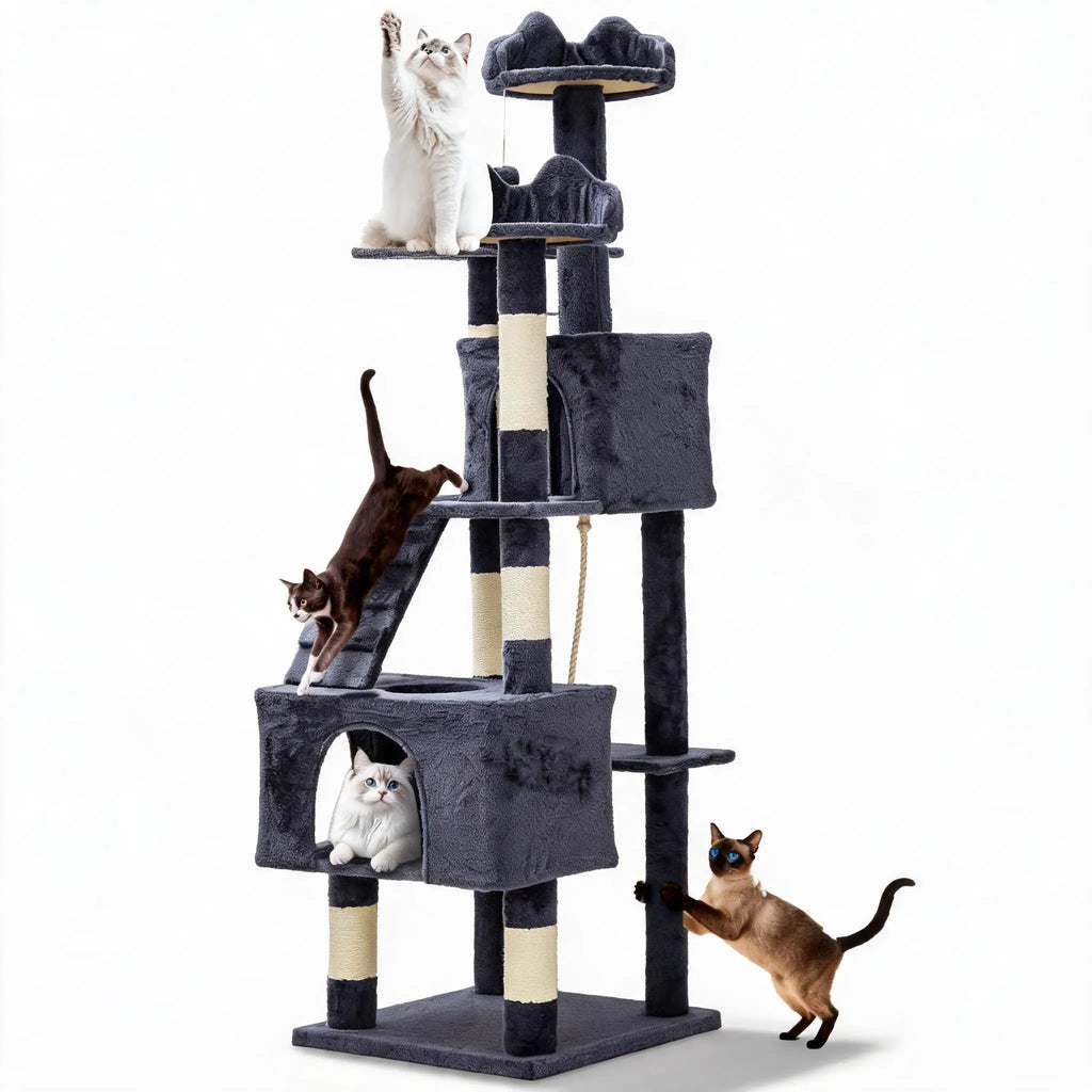72-Inch Multi-Level Cat Tree Tower - Particle Board, 6 Sisal Posts, 2 Condos, 3 Perches, Hammock, Tunnel, Anti-Tip Kit, Grey
