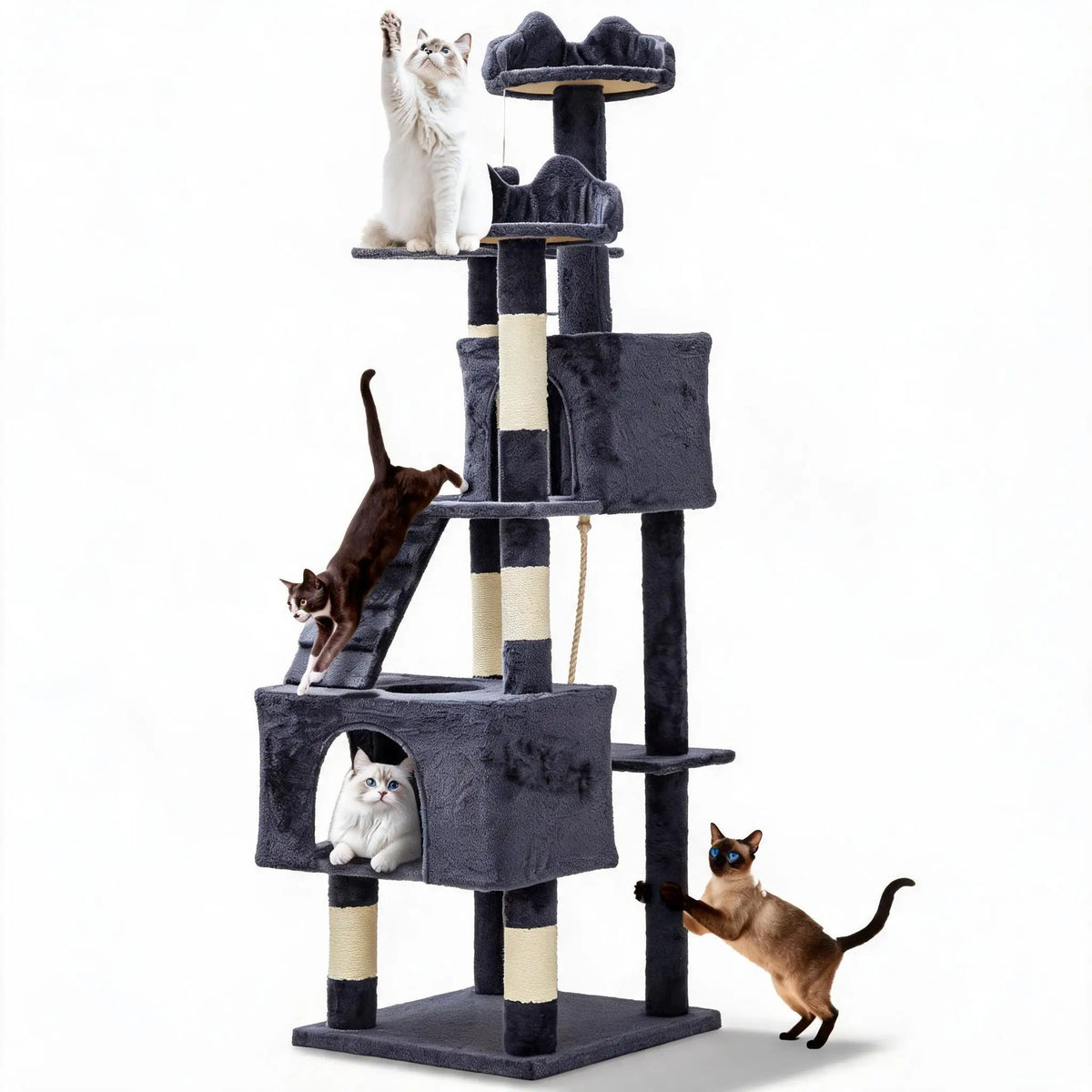 72-Inch Multi-Level Cat Tree Tower - Particle Board, 6 Sisal Posts, 2 Condos, 3 Perches, Hammock, Tunnel, Anti-Tip Kit, Grey