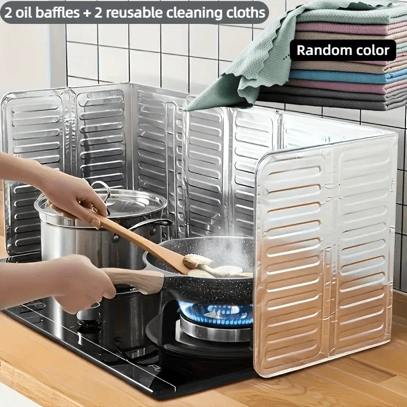 2Pcs Foldable Aluminum Foil Kitchen Splatter Guard Stove Oil Splash Shield Reusable Gas Cooktop Baffle Anti-splash Cooking Prote