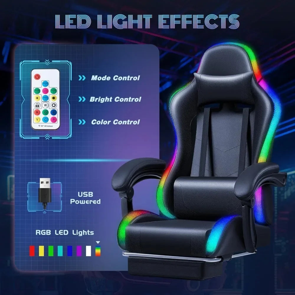 Chair with RGB LED Lights, Video Game Chair with Footrest and Massage Lumbar Support, High Back Reclining