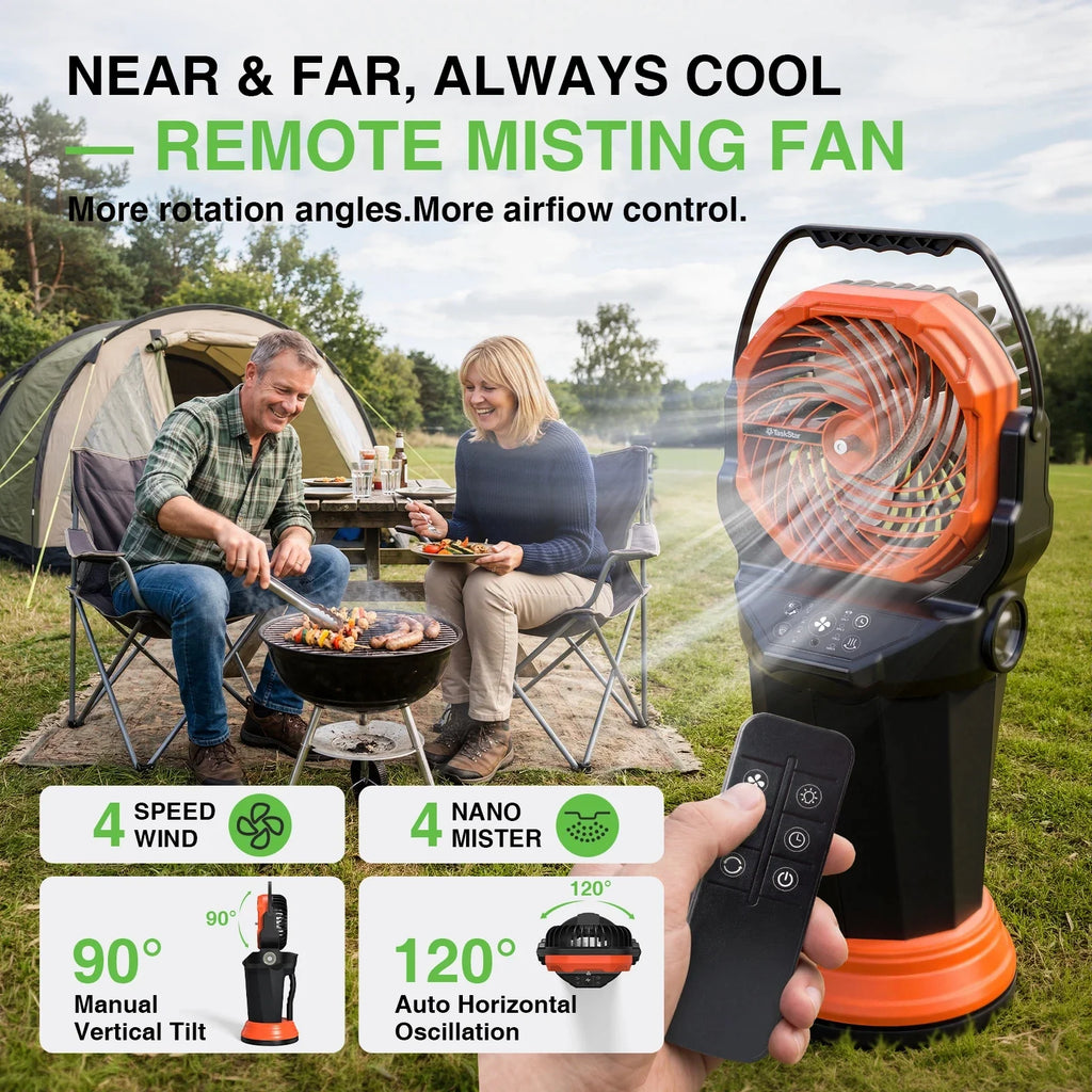 TaskStar 2-in-1 Portable Misting Fan - 33,000mAh Battery, 2L Tank, Remote Control, RGB Lighting, 120° Auto-Oscillation