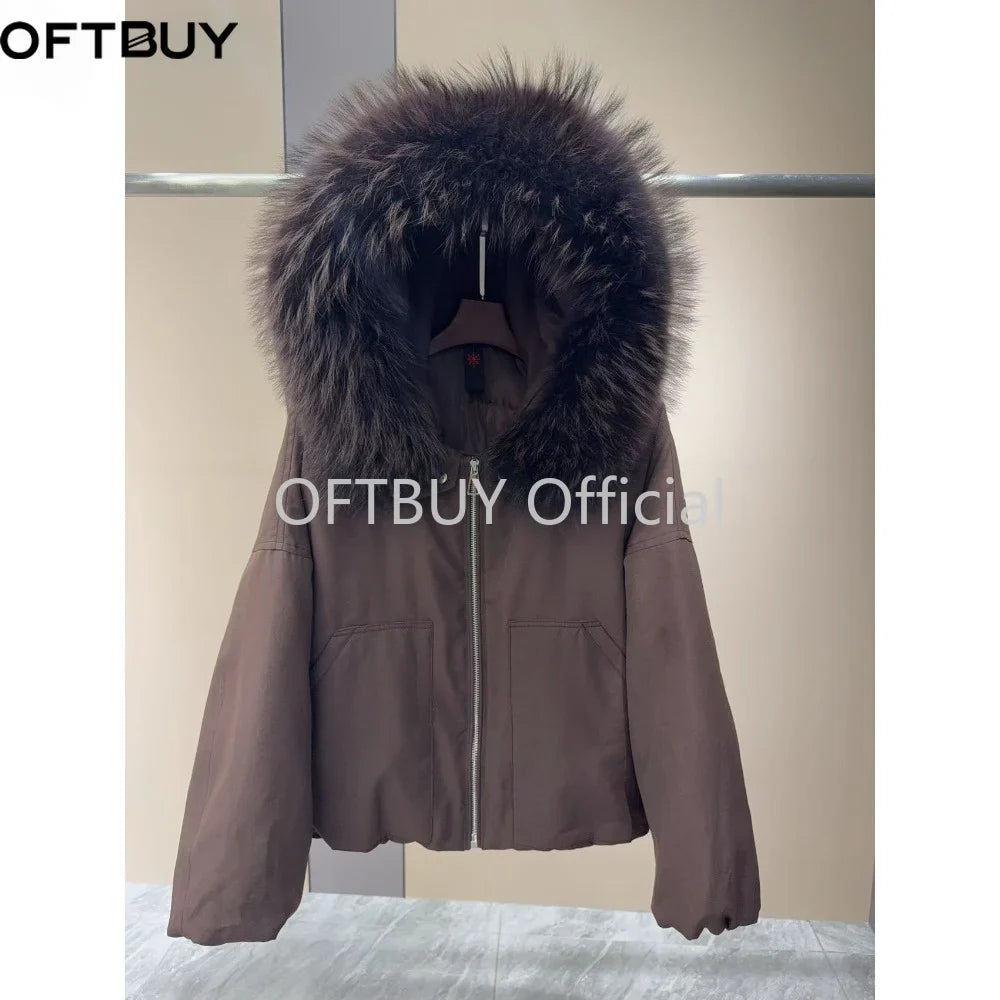 OFTBUY Natural Raccoon Fur Collar Goose Down Jacket Women Cropped Coat Winter Warm Hooded Zipper Windproof Fashion Outerwear