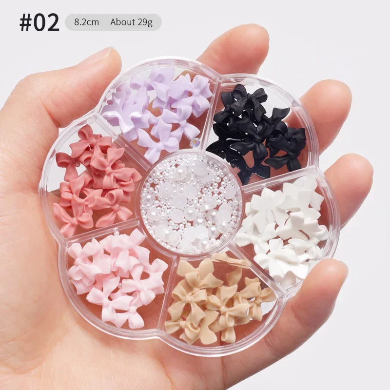 1 Box Pink White Black Resin Flatback Bow Charms 6 Grids 30Pcs For Acrylic Nails Household Salon Manicure Supply