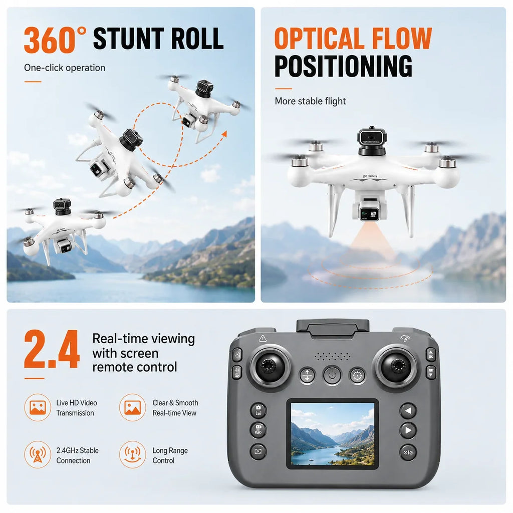 Drone Brushless Motor 2.4 Inch Screen Remote 360° Obstacle Avoidance 4K Electric Dual Camera Optical Flow Hover Real Time Transmission RC Drone