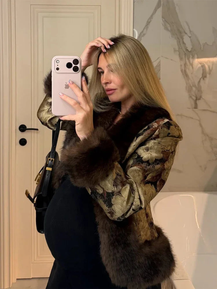 Floral Jacquard Faux Fur Trim Coat Women V Neck Single Button Full Sleeve Furry Cuff Jacket Lady Vintage Winter Warm Party Coats