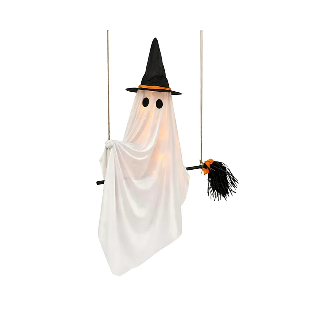 Hanging Ghost Broom Halloween Decoration with Light Options