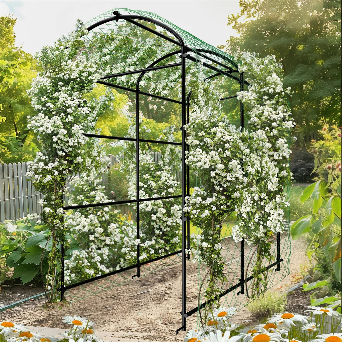 U-Shaped Garden Cucumber Trellis for Climbing Plants Support Frame with Nylon Netting and Spikes Metal Garden Trellis Arch