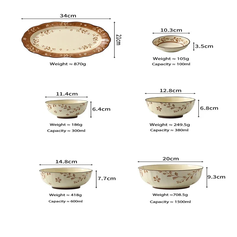 Household Retro Underglaze‑Color Ceramic Dinnerware Set Stylish Rice Soup Bowls Plates Combo Set for Daily Home Dining Tableware