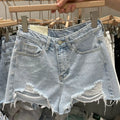 Trendy Women's Ripped Loose Fit High Waist Cotton Stretch Denim Shorts Frayed Hem A-Line Style Korean Version Summer Hot Pants