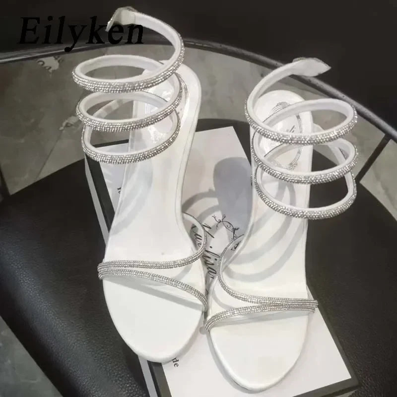 Eilyken Fashion Crystal Stiletto High Heels Woman Sandals Street Style Sexy Open Toe Wedding Party Prom Ankle Strap Shoes