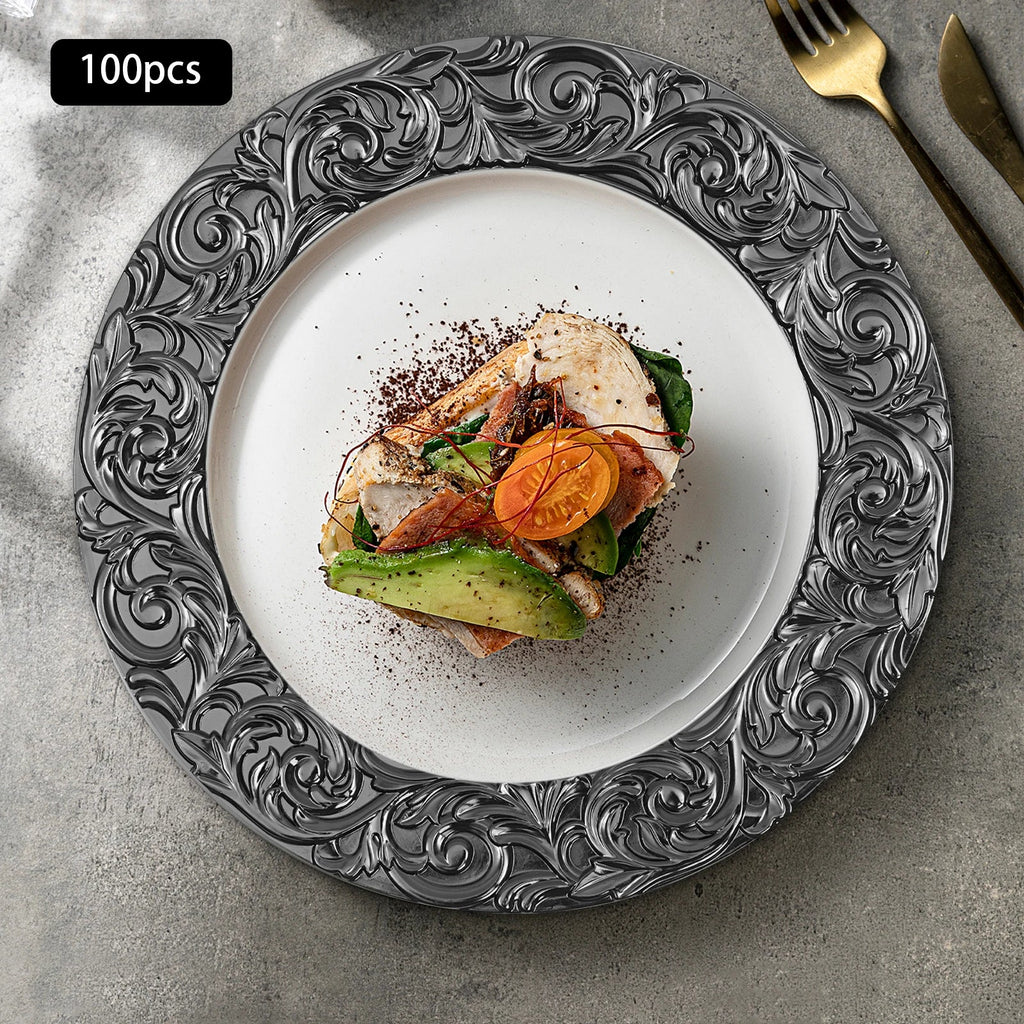 Charger Plates 100-Piece Set Round Reusable Serving Plates Gold Black Silver Green for Wedding Banquet Party Decor