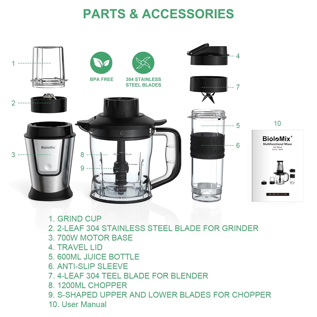 BioloMix TB23M 700W 3-in-1 Blender, Chopper and Grinder Set