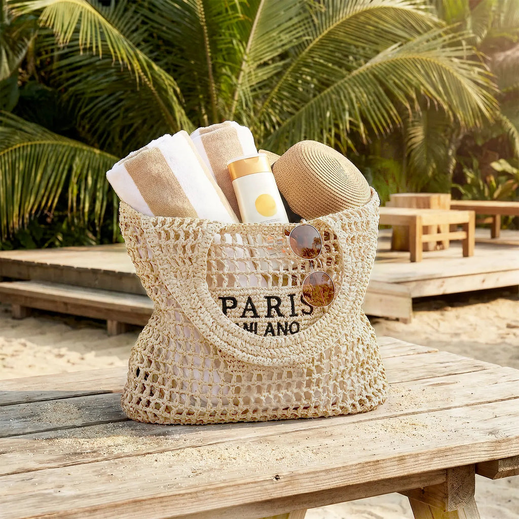 Handmade Woven Straw Beach Tote Bag - Large Capacity, Embroidered Detail, Shoulder or Hand Carry, Khaki / Beige