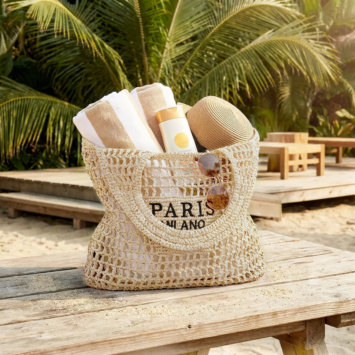 Handmade Woven Straw Beach Tote Bag - Large Capacity, Embroidered Detail, Shoulder or Hand Carry, Khaki / Beige