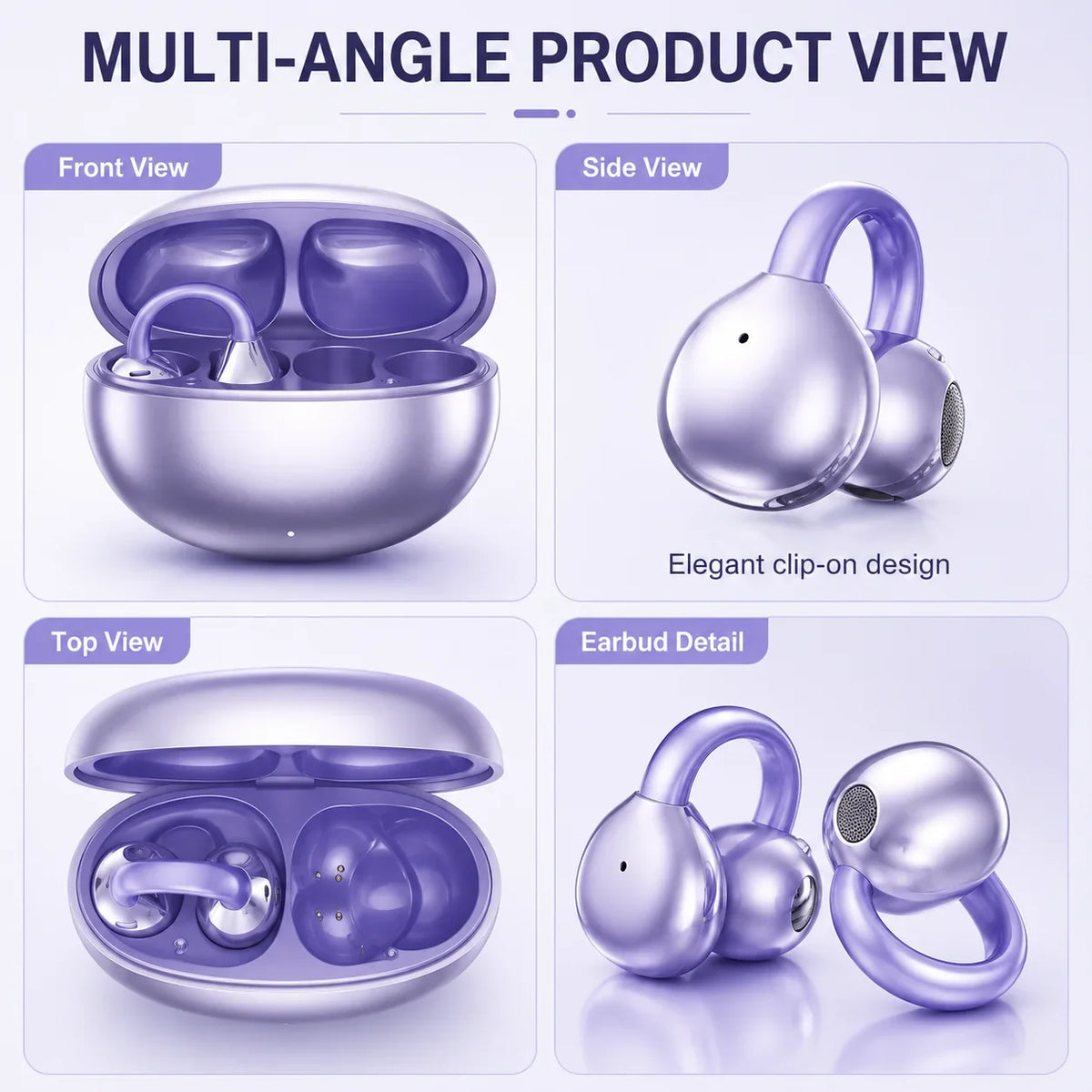 Open Ear Clip Wireless Headphones Bluetooth 5.4 Earphones with Long Battery Life, Sports Gaming Stereo Touch Control LED Mics