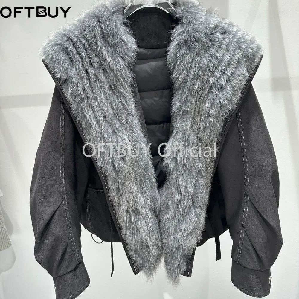 OFTBUY Real Fox Fur Collar Goose Down Jacket Winter Windproof Heavy Padded Coat Women Cropped Puffer Jacket Casual Outerwear