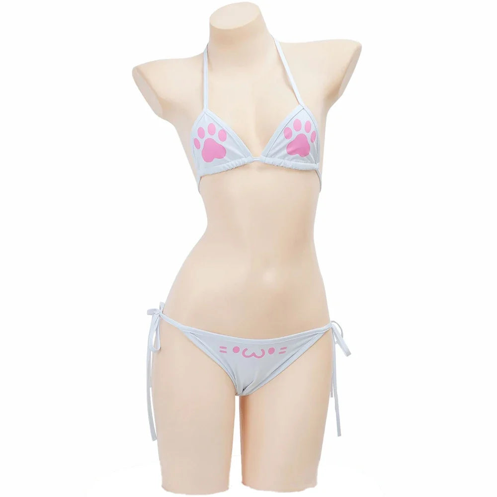Anime Kawaii Girl Cute Cat Paw Bikini Swimsuit Women Claw Pattern Three Point  Underwear Set Costume Cosplay