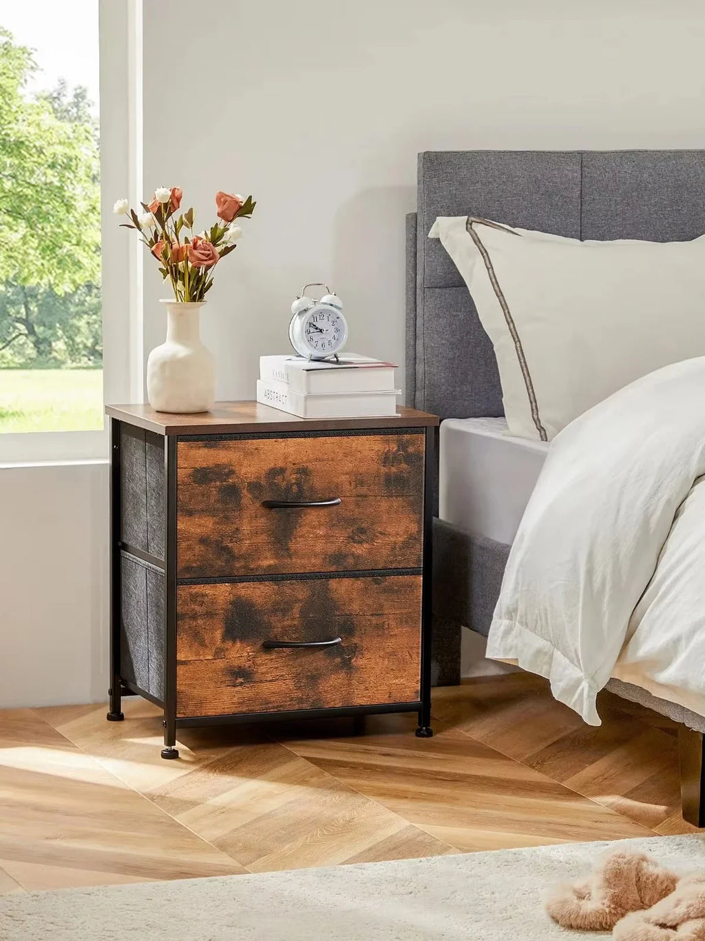 JHK 2-Drawer Fabric Nightstand - 1.5mm Steel Frame, 15mm MDF, Waterproof Top, Adjustable Feet, 20" Height, 1-Pack / 2-Pack