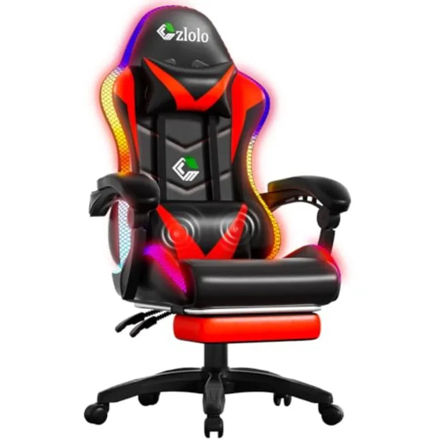 Gaming Chair for Adults and,Racing Style PU Leather Black with RGB LED Lights, Lumbar Massager, High Back Reclining Computer Ch