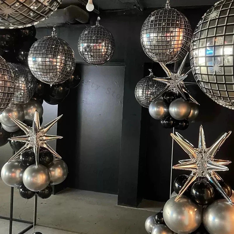 10/22inch 4D Silver Disco Ball Explosion Star Balloon Metallic Disco Balloon Set for Disco Party Wedding Birthday Party