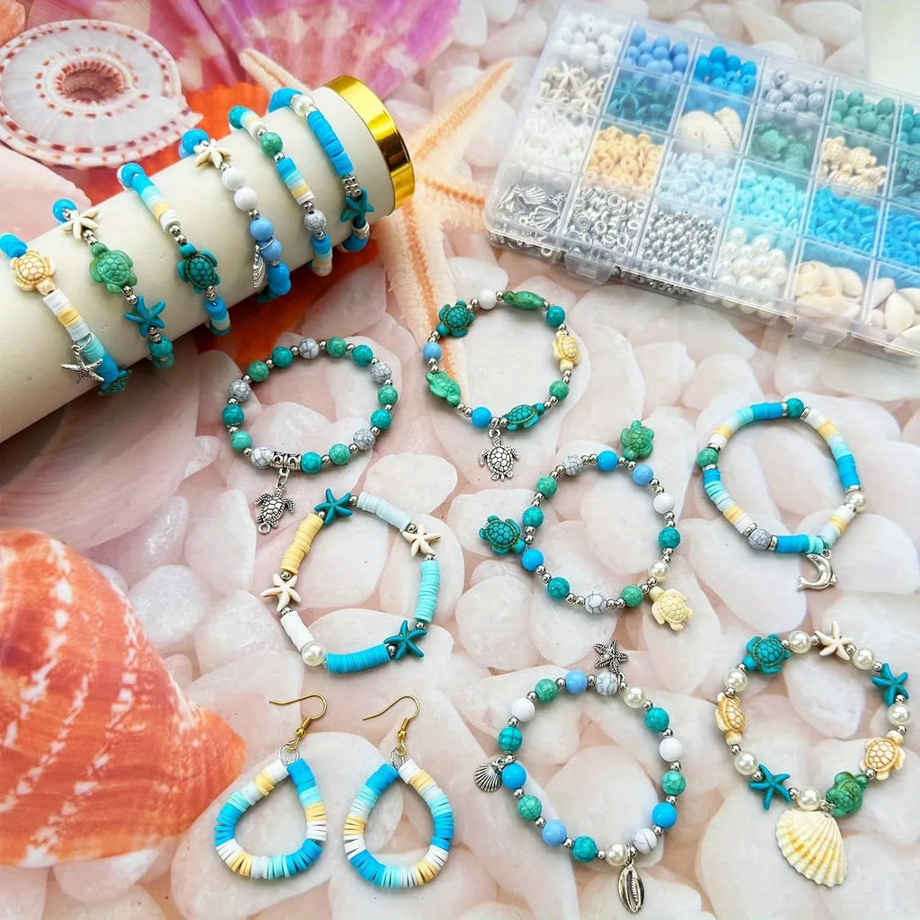 1860pcs Sea Blue and White Beads Paired with Sea Turtle and Starfish Shaped 8mm Round Beads, Suitable for Bracelets, Jewelry, Ke