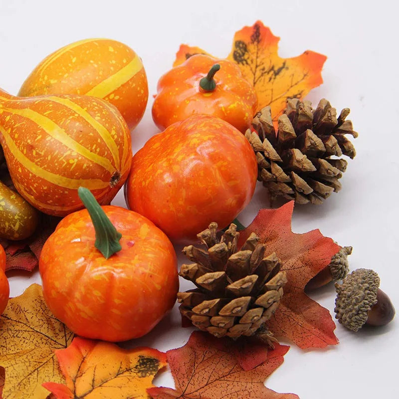50-Piece Fall Harvest Decoration Set, Pumpkins, Leaves and Pine Cones