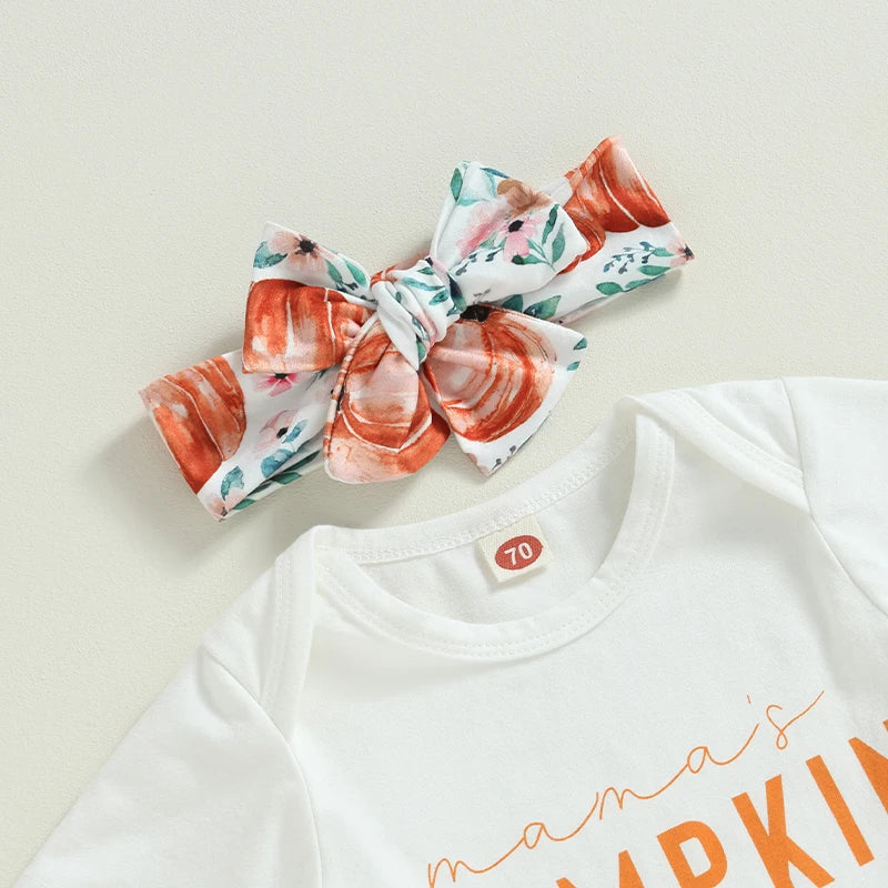 Baby Girls Halloween Outfit Set, Pumpkin Print Romper and Flare Pants