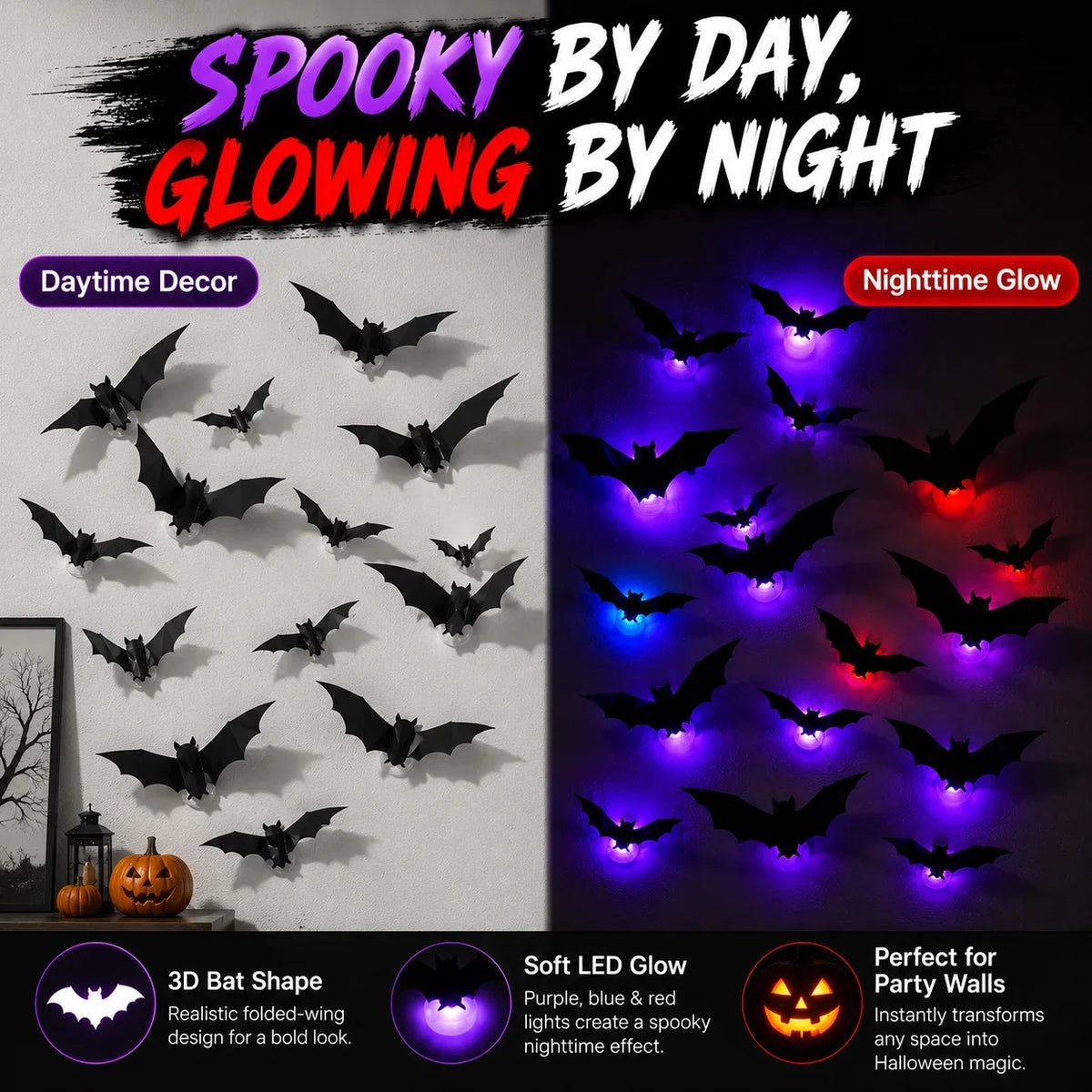 Halloween Bat Wall Light Decorations - 12 to 70 Piece Sets