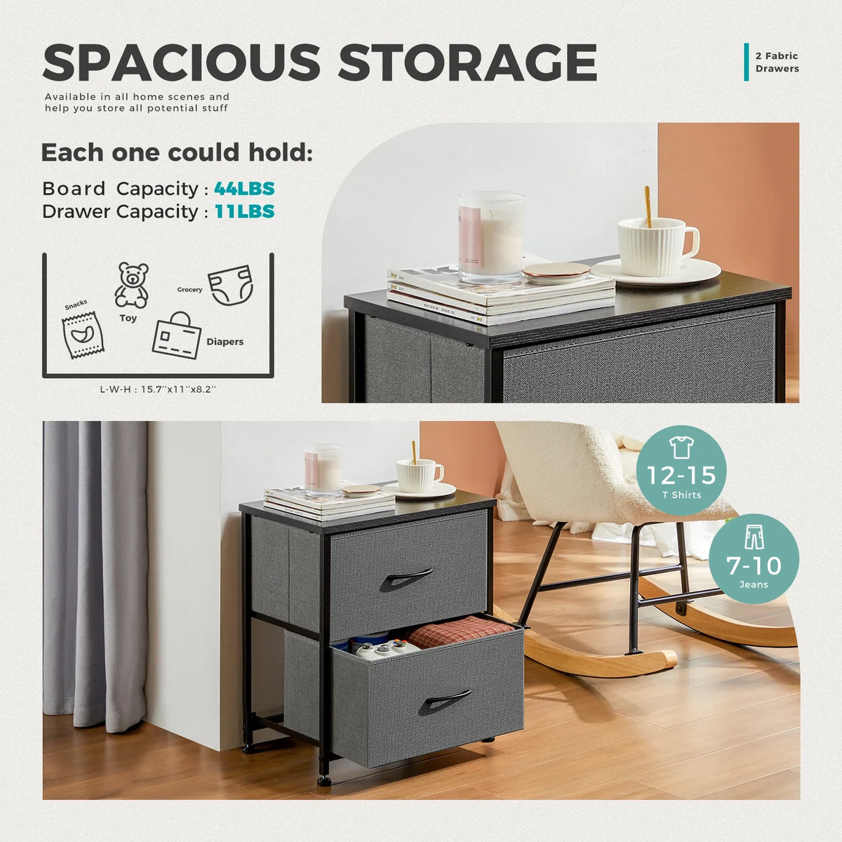 MCQ 2-Drawer Fabric Nightstand - 1.5mm Steel Frame, MDF + Waterproof Wooden Top, Adjustable Feet, Ivory / Grey / Chocolate / Black