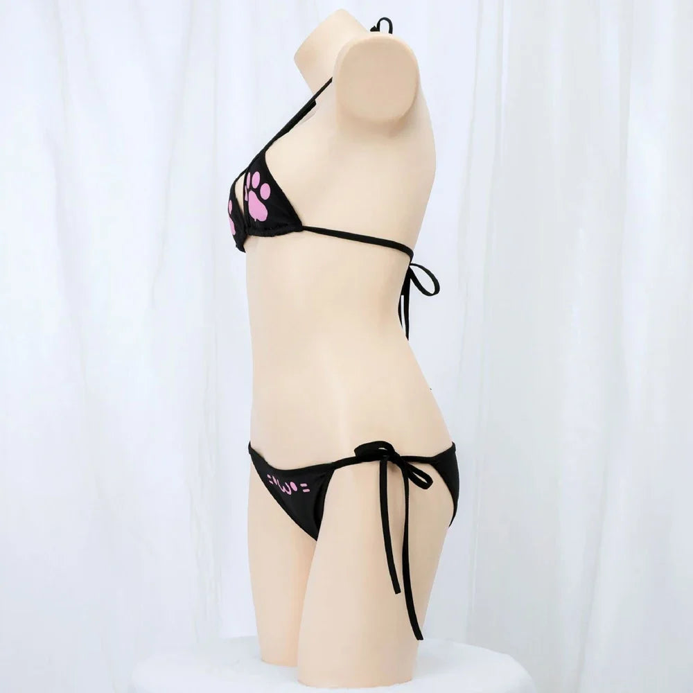 Anime Kawaii Girl Cute Cat Paw Bikini Swimsuit Women Claw Pattern Three Point  Underwear Set Costume Cosplay