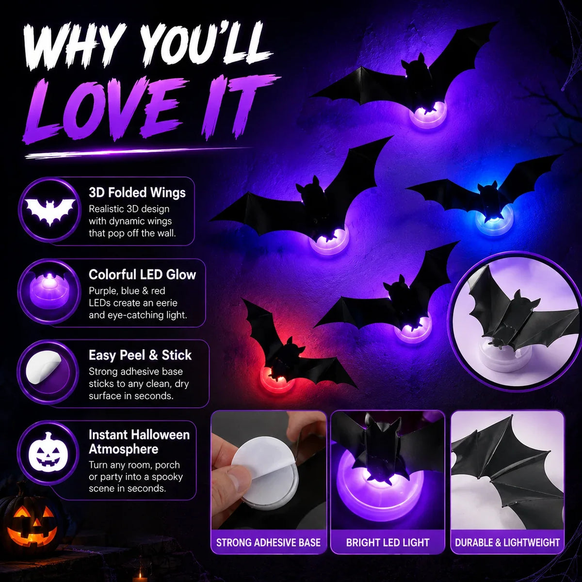 Halloween Bat Wall Light Decorations - 12 to 70 Piece Sets