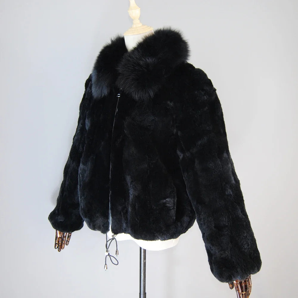New Luxury Lady 100% Natural Rex Rabbit Fur Coat Women Winter Thick Warm Real Rex Rabbit Fur Jacket With Quality Fox Fur Collar