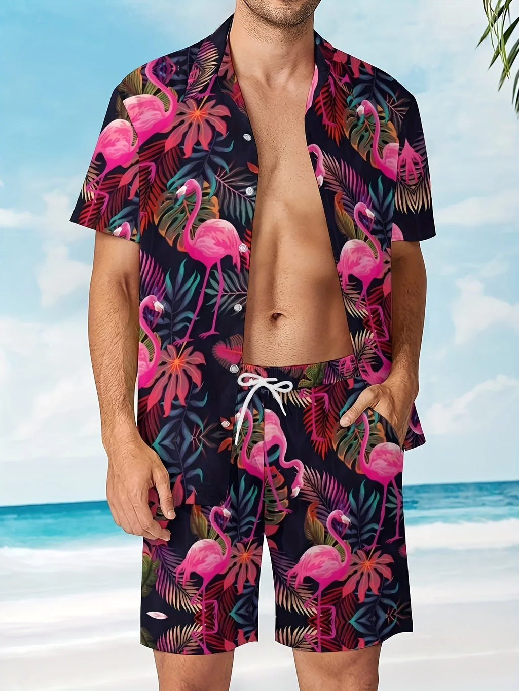 Men'S Summer 2025 Hawaiian Flamingo Pattern Short Sleeve Shirt and Shorts Set Casual Loose Fit for Vacation and Daily Wear