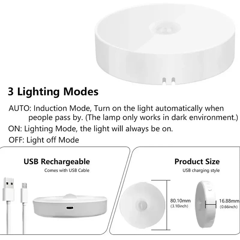 2~6 Pack Motion Sensor LED Night Light USB Rechargeable 3 Color Night Lamp Cabinet Wardrobe Lamp Staircase Wireless Closet Light
