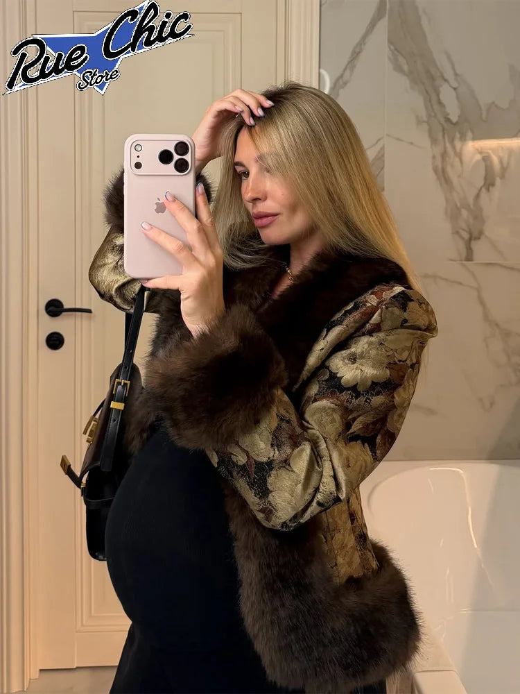 Floral Jacquard Faux Fur Trim Coat Women V Neck Single Button Full Sleeve Furry Cuff Jacket Lady Vintage Winter Warm Party Coats