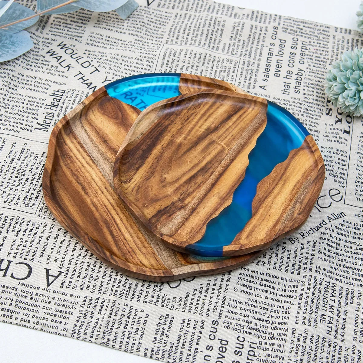 Acacia wood epoxy resin craft tray; tea tray; round plate; resin river; fireplace tray; home light luxury plate; wholesale