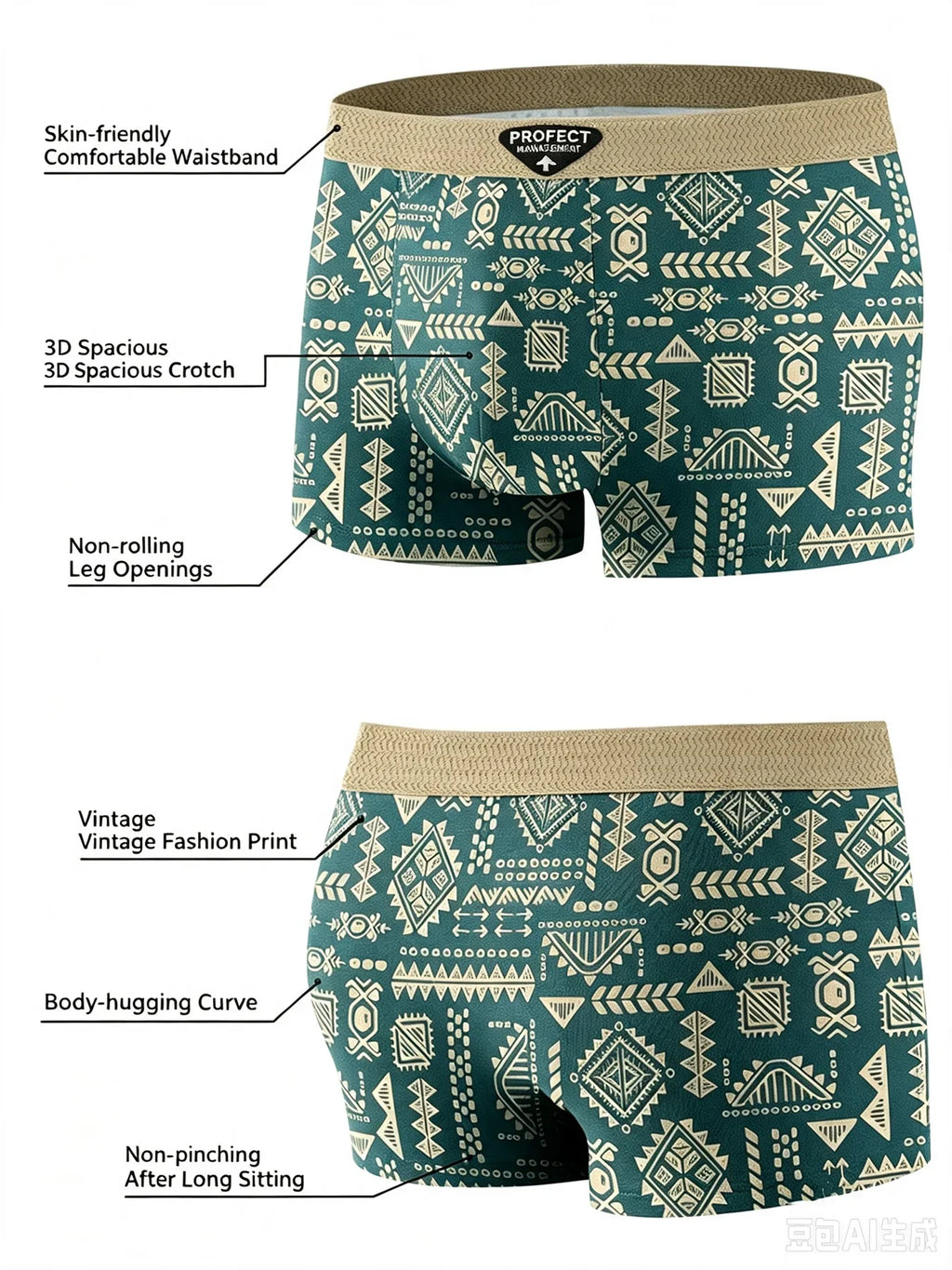 3pcs/set Fashion Men Underwear Men's Retro Geometric Print Boxer Briefs Soft Breathable Mid-Waist Underwear Comfortable Shorts