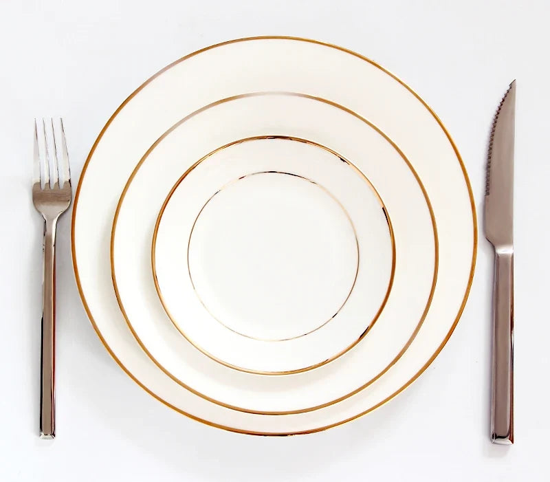 3pcs/lot, 10&8&6 Inch, Real Bone China Dinner Plates, Golden Lined Dishes and Plates Sets, Cake Plate Servies, Porcelain Platter