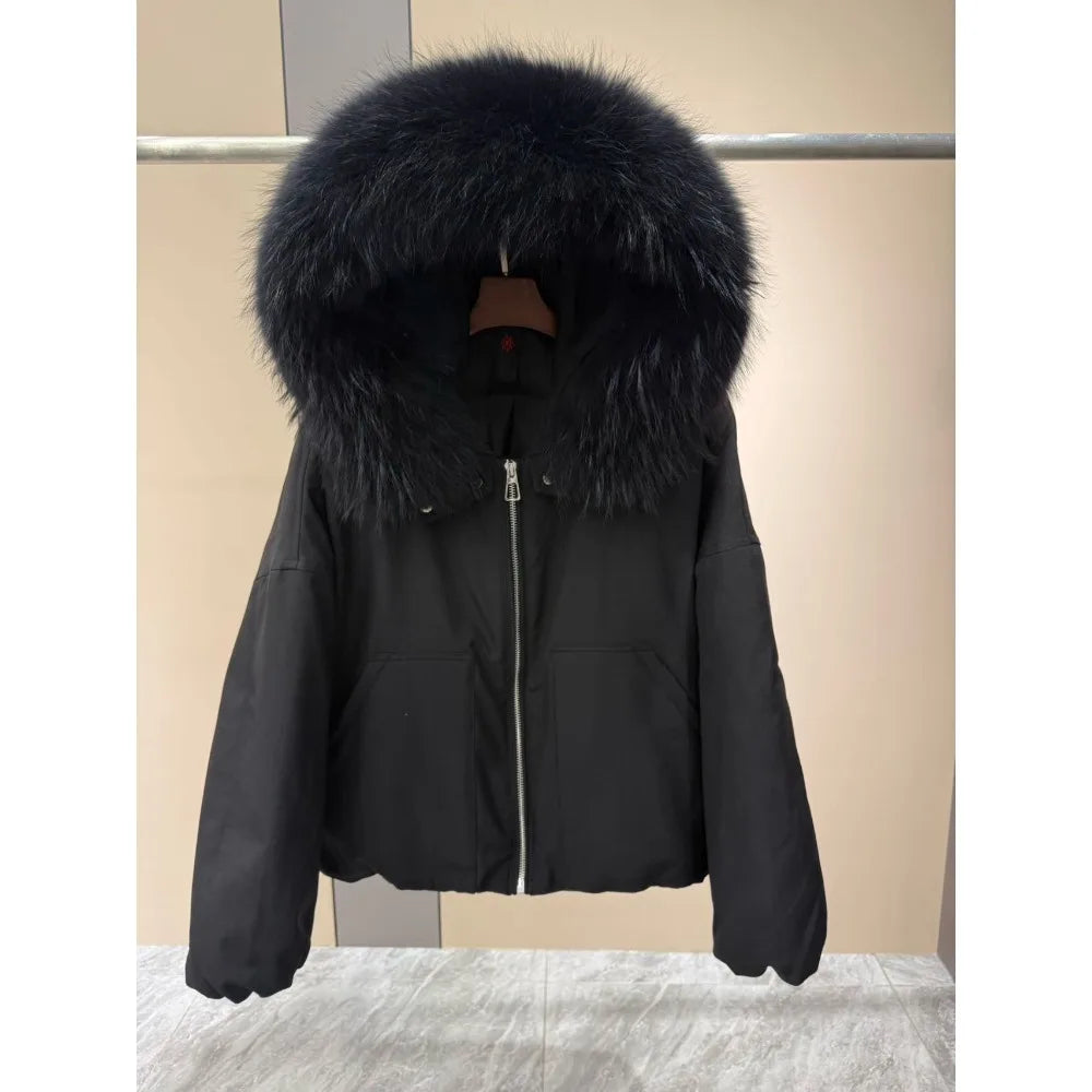OFTBUY Natural Raccoon Fur Collar Goose Down Jacket Women Cropped Coat Winter Warm Hooded Zipper Windproof Fashion Outerwear