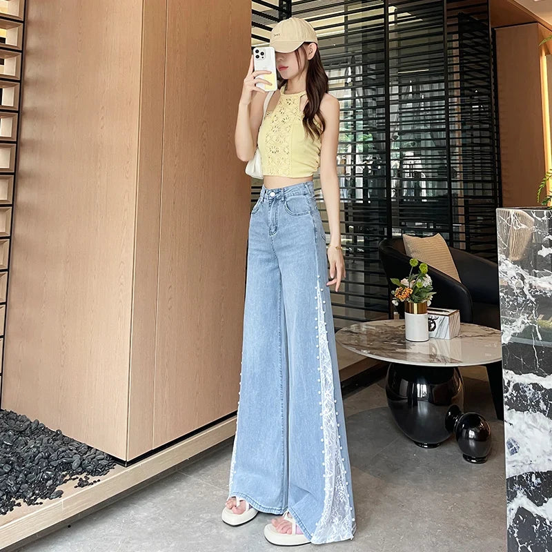 High Waist Women Jeans New Summer Thin Fashion Loose Hollow Out Wide Leg Pearl Lace Rayon Denim Pants