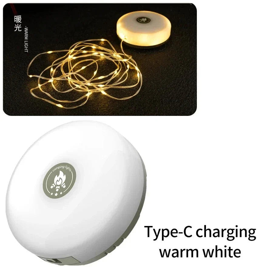 Camping String Lights 2 in1 Outdoor Waterproof Portable Stowable String Light with Lighting Modes USB Camping Lights for Hiking