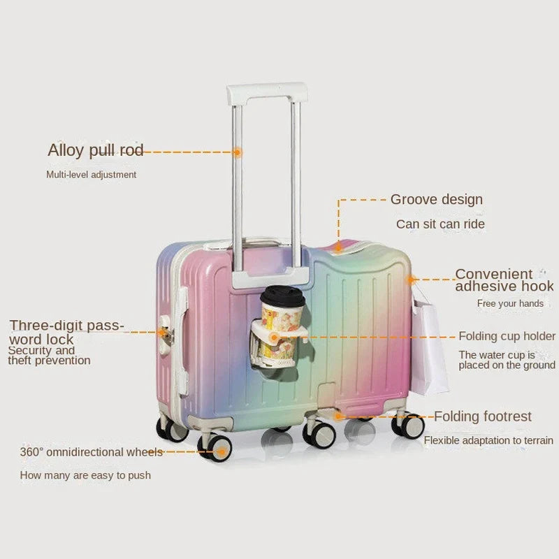Gradient Color kids' Luggage Can Ride Small Travel Boarding Box with Cup Holder and Combination Lock 20/22inch Suitcase Children