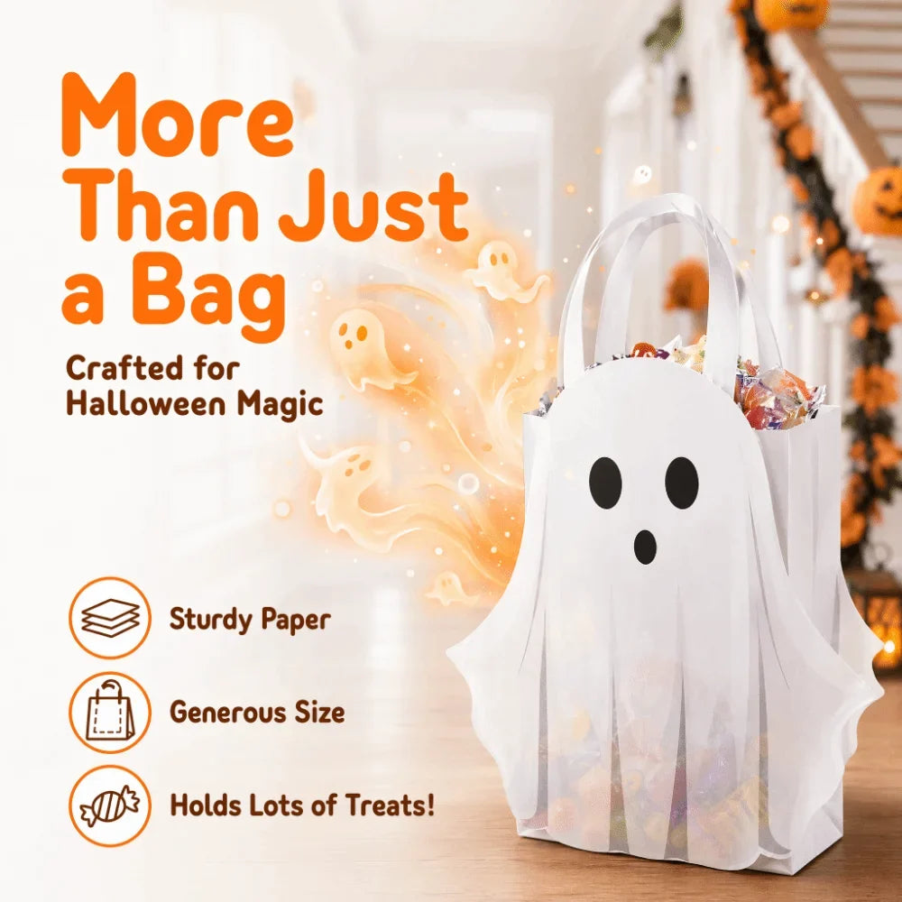 Halloween White Paper Gift Bag, Ghost Design, 15 × 21 × 8cm