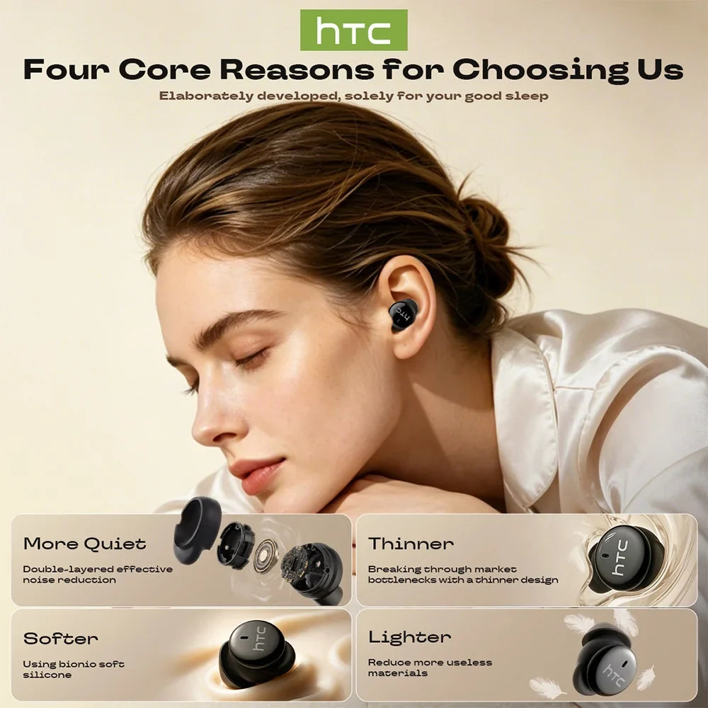 HTC NE91 Sleep Earbuds Wireless Bluetooth Earphones Comfortable To Wear Headphones ANC Noise Cancelling Low Latency Clear Sound