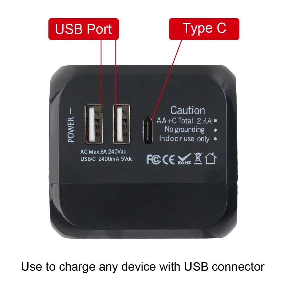 All-in-One Wall Travel Charger Adapter - US EU UK AU Plugs with 2 USB & 1 Type C, Universal for Travel