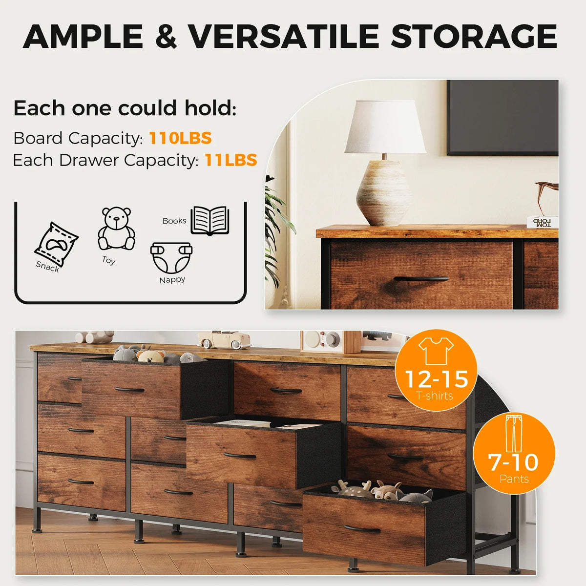 JHK 12-Drawer Fabric Storage Cabinet - Metal Frame, 12mm Particleboard Top, 110lb Capacity, Anti-Tip, Gray / Black / Chocolate / Ivory