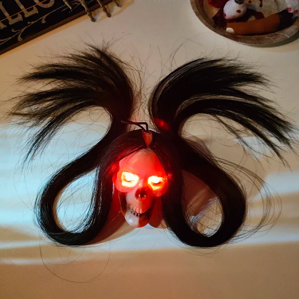 Hanging Ghost Skull Decoration with Long Hair and Glowing Eyes