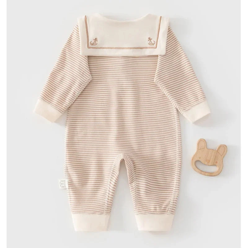 2026 Spring Cotton Newborn Jumpsuit Baby Bodysuits and One-pieces 0-24M Boys Girls Sailor Collar Stripe Boneless Soft Romper