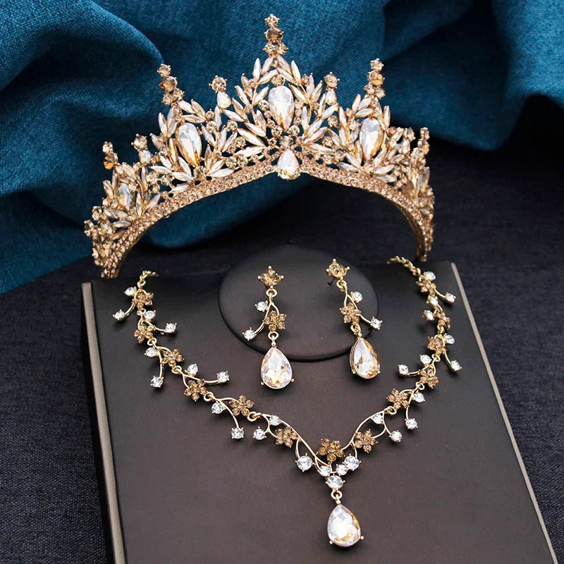 Baroque Wedding Crown for Bride 3-pack Tiara Earrings Necklace Bridal Jewelry Set Champagne Crystal Costume Party Birthday Gift